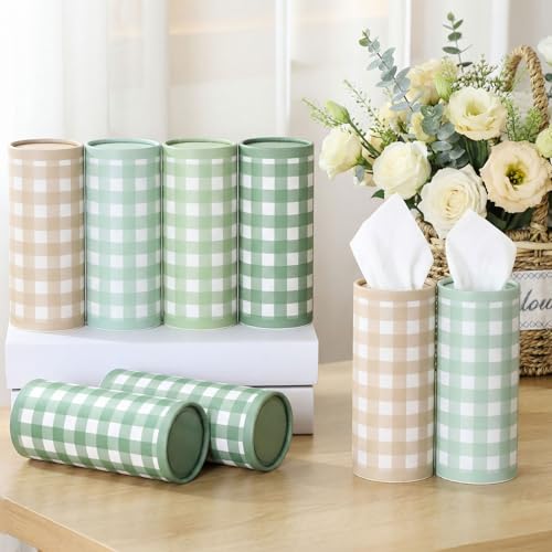12 Set Green Plaid Tissue Boxes for Car Cylinder Bulk Fresh Plaid Round Cylinder Holder with 3 Ply Facial Tissues for Spring Summer Travel Bathroom Office Decoration - style: Green Plaid