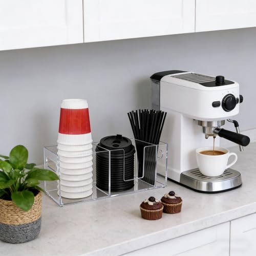 Acrylic Coffee Cup Holder for Countertop Coffee Station Accessories & Organizer 3 Slots Clear Coffee Bar Organizer for Cup Lid Straw
