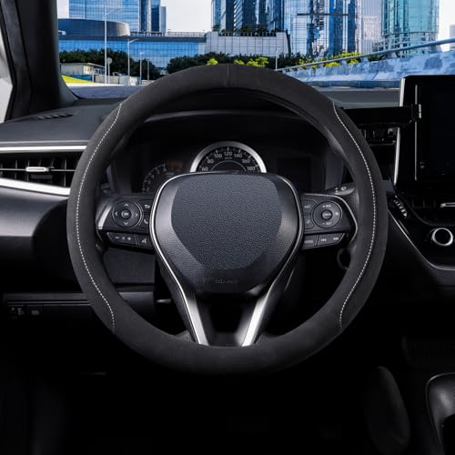 15 inch Microfiber Suede Car Steering Wheel Cover, Universal Anti-Slip Grip Protector for SUV Truck, Black