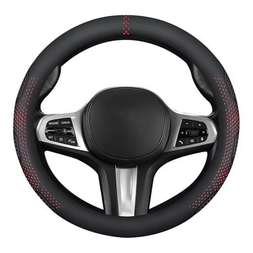 Car Leather Steering Wheel Cover - Panapi Material, Universal 14.5-15 Inch Leather Anti-Slip Breathable Auto Steering Wheel Covers for Men Women (Wave Point-Red) - color: Wave Point-Red