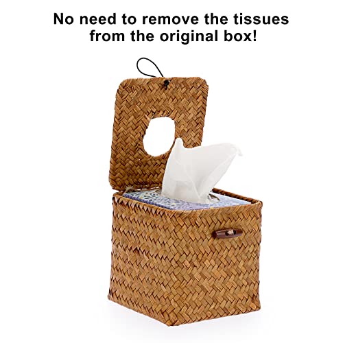 Sumnacon Tissue Box Cover Square Seagrass Tissue Box with Lid, Woven Tissue Box Holder Rustic Cube Tissue Cover for Bathroom Toilet Bedroom Living Room Kitchen Table Desk Office Car, Caramel - color: Caramel