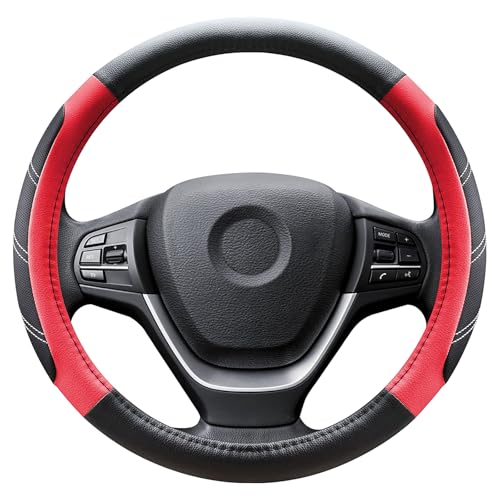 Black and Red Line Punching Car Steering Wheel Cover, Microfiber Leather Sports, 14.5-15 in Universal Leather Wheel Covers, Breathable Fashion Anti-Slip, Steering Wheels Accessories for Men Women - color: Line Punching-Black and Red