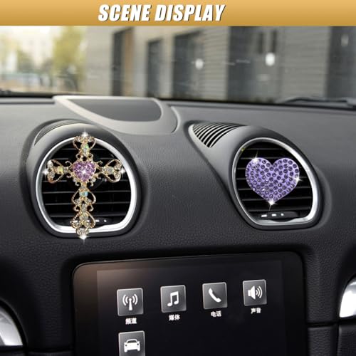 2PCS Bling Cross & Heart Car Dashboard Air Vent Trim Clip, Sparkly Rhinestone Car Air Vent Clips, Diamond Auto Diffuser Charm Clip, Auto Interior Decoration Accessory for Women Girls (Purple) - size: Purple