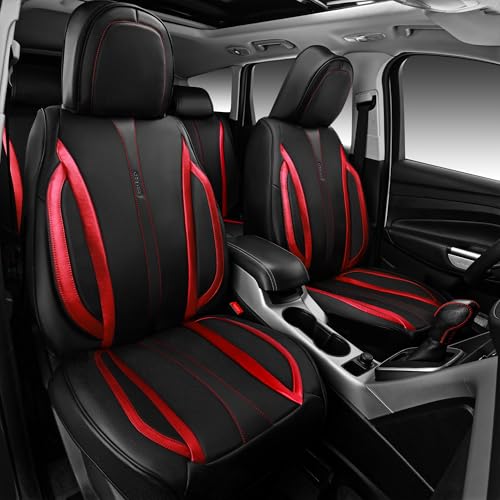 CAR PASS Nappa Leather Car Seat Covers, Durable Waterproof Luxury Universal Seat Covers for SUV Pick-up Truck Sedan, Anti-Slip Driver 5 Seat Covers Full Set with Backrest, Black Metallic Red - color: Black Metallic Red, size: Full Set