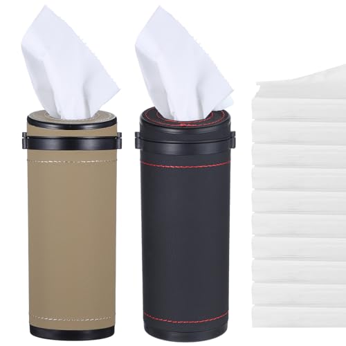 2 Pcs Car Tissues Cylinder Leather Round Tissues Container Car Tissues Holder with Tissues Cylinder Tissue Box with Window Breaker for Car Vehicle Bathroom Office (Beige + Black)