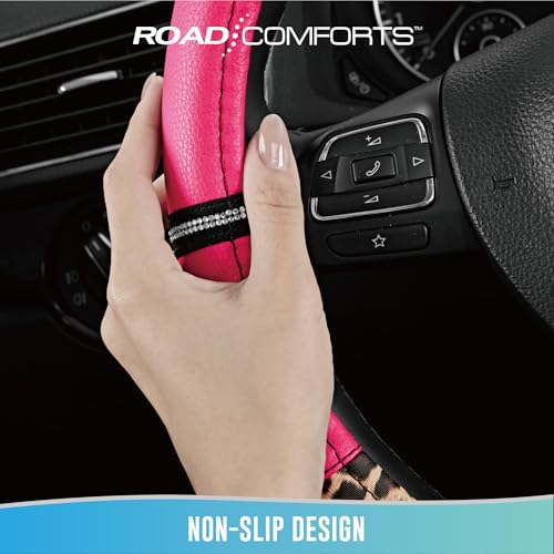 Road Comforts Leopard Steering Wheel Cover for Women, Cute Anti-Slip Microfiber Leather, Universal Fit 14.5-15 Inch Round Steering Wheel - HotPink - color: Round HotPink
