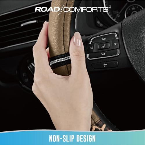 Road Comforts Leopard Steering Wheel Cover for Women, Cute Anti-Slip Microfiber Leather, Universal Fit 14.5-15 Inch Round Steering Wheel - Beige - color: Round Beige