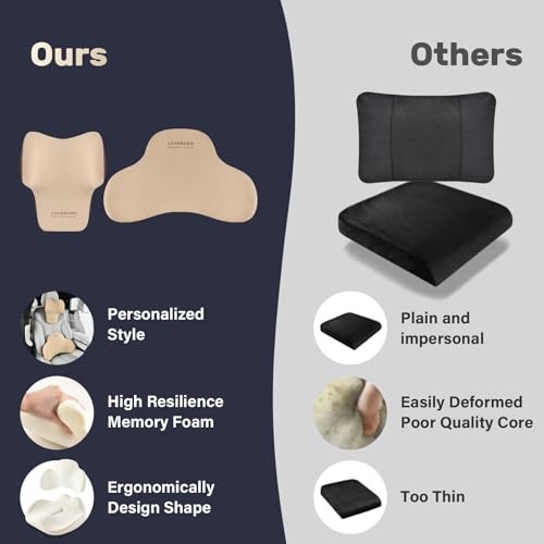 Coverado Lumbar Support and Headrest Pillow for Car, Memory Foam Ergonomic Head Neck Support Pillow for Driving Seat, Back Support and Pain Relief, Seat Cushion for Car, Driver, Office