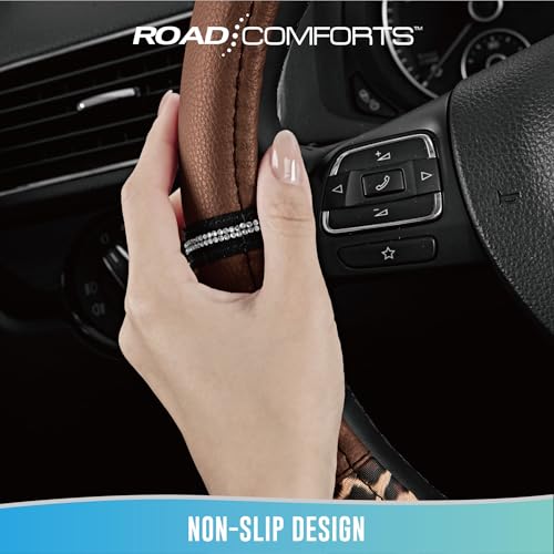 Road Comforts Leopard Steering Wheel Cover for Women, Cute Anti-Slip Microfiber Leather, Universal Fit 14.5-15 Inch Round Steering Wheel - Brown - color: Round Brown
