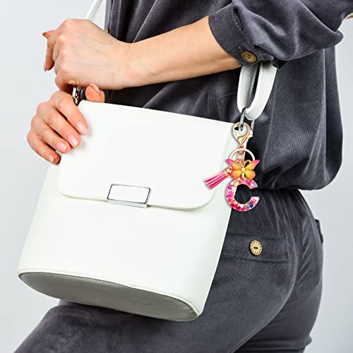JINGUAZI Initial letter Keychains for Women Tassel Butterfly Pink Purple Cute Car Keychain for Wallet Backpack bag charm - color: C-pink