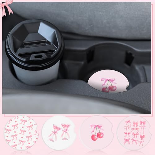 Boao 4 Pcs Car Cupholder Coasters for Valentine's Day, Ceramic Coasters 2.56'' Anti Slip Base with Finger Notch for Dry Clean, Car Interior Accessories, Birthday Gifts(Pink Bow) - style: Pink Bow