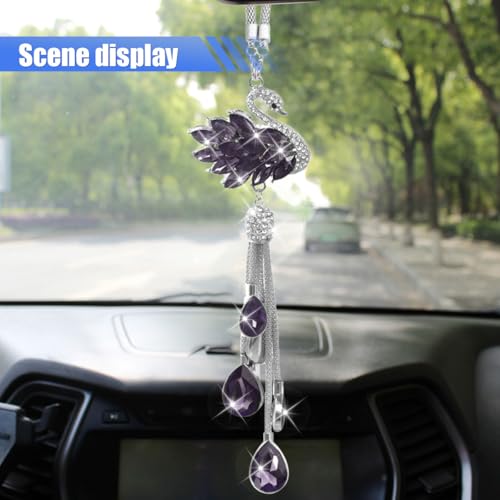 Bling Swan Car Hanging Ornament, Cute Crystal Rhinestone Car Rear View Mirror Accessories, Double Sided Car Decorations Pendant, Car Mirror Hanging Charm for Women Girls (Purple)