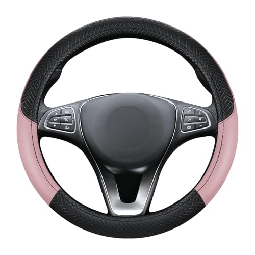 Black & Pink Car Steering Wheel Cover, Microfiber, Leather Patchwork, Universal 14.5-15 Inch Leather Anti-Slip Breathable Auto Steering Wheel Covers for Men Women - color: Black & Pink