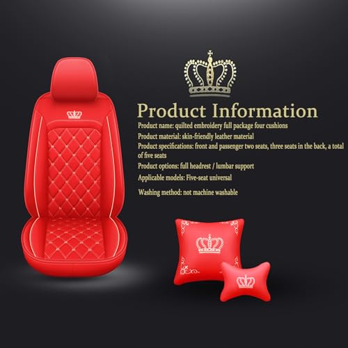 Crown Car Seat Covers Full Set, Premium Leather Waterproof Anti-Slip Automotive Interior Protector for Cars, SUVs, Pickup, Trucks & Sedans (Red) - color: Red
