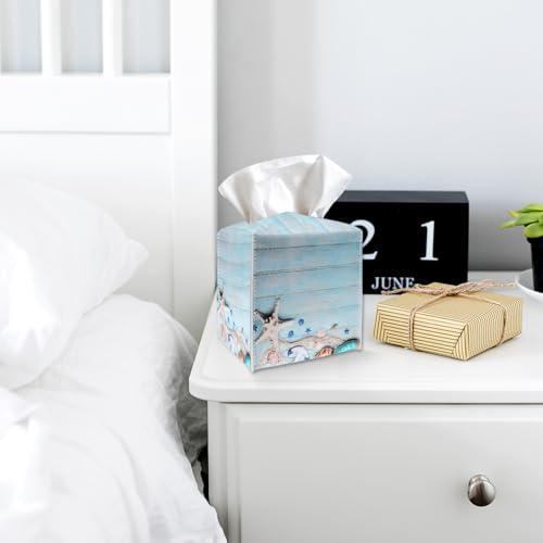 Blue Tissue Box Cover Holder - Starfish PU Leather Tissue Box Cover with Bottom Belt, Nautical Square Facial Paper Organizer for Tabletop, Bathroom, Kitchen, Car & Office -034 - color: Starfish