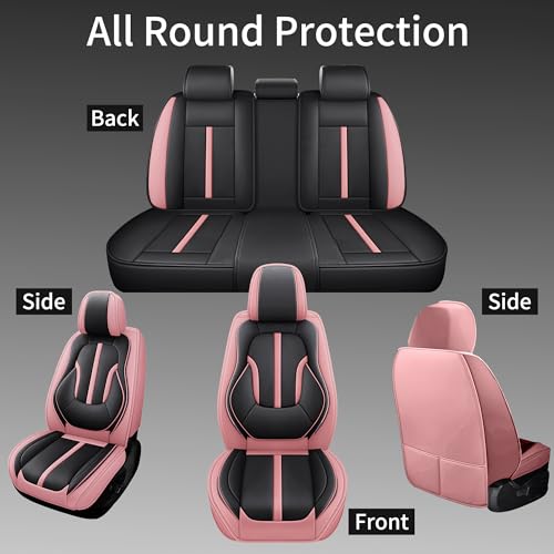 otoez Pink Car Seat Covers Full Set, 5 Seats Nappa Leather Seat Covers for Car, Breathable Automotive Front and Back Seat Protectors with Lumbar Support for Sedan SUV Truck Van, Black & Pink