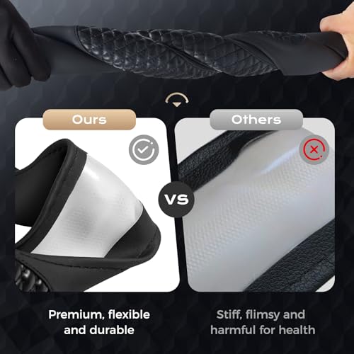 Coverado Car Steering Wheel Cover, Nappa Leather Black Steering Wheel Covers, Universal 14-15 inch, Anti-Slip, Breathable Steering Wheel Protector for Women Men - color: C-Black