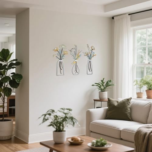 YAKii 3 Pieces Metal Flowers Wall Decor Metal Vase Wall Art Minimalist Floral Wall Sculpture Hanging for Living Room Bathroom Bedroom Kitchen Dining Room Perfect Housewarming Gifts(Beige Gold)