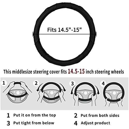 Achiou Black Car Steering Wheel Cover Universal 15 inch with Grip Contours, Leather Auto for Men and Women Non-Slip Breathable Soft and Comfortable