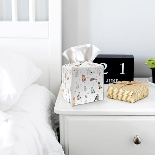 Tissue Box Cover Holder Square - Cute Cats and Paw PU Leather Tissue Box Cover with Bottom Belt, Facial Paper Organizer for Tabletop, Bathroom, Kitchen, Car & Office -040 - color: Cute Cats