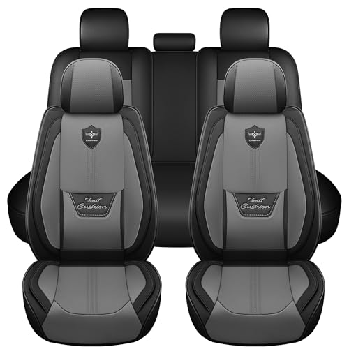 LINGVIDO Car Seat Covers Full Set (5 Seats) - Premium Perforated Nappa Leather, Waterproof Shield, Omni-Adapt Fit SUVs Sedans, Ultimate Family & Pet Protection - color: Black & Gray (Lumbar), size: Full Set (5 Seats)