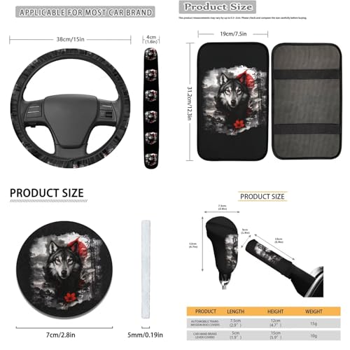 Wolf Flower Printed 16 Piece Car Interior Cover Set, Car Front Rear Seat Covers with Steering Wheel Protector Center Console Covers Seatbelt Pads Head Rest Cover Cars Coaster, Universal Fit - color: Black and Gray - Wolf Flower