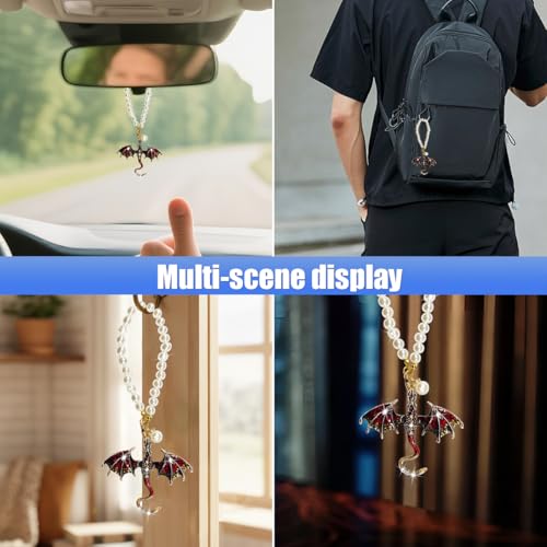 Bling Dragon Car Rear View Mirror Charm, Retro Dragons Automotive Hanging Pendant, Fantasy Rhinestone Pearls Vehicle Mirrors Ornament, Auto Interior Decoration Accessories (Red)