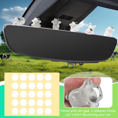 6Pcs Cute Luminous Cow Car Dashboard Decor Set- Cars Rearview Mirror/Dashboard/Touchscreen Top Funny Adorable Auto Rear View Mini Cows Ornament (Clear White)