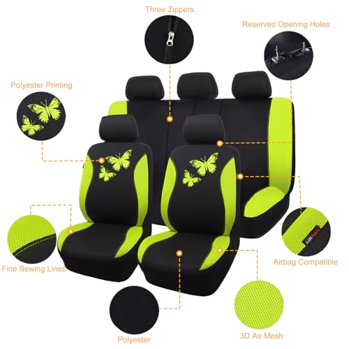 Flying Banner Butterfly car seat Covers ful Set Fashion Universal Lady Woman Female Rear Bench Split Colorized (Green, Full Set) - color: Green, size: Full set