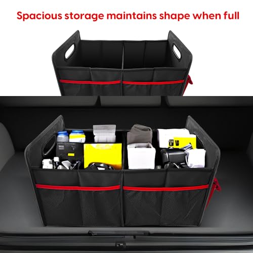 Car Trunk Organizer Cargo Organizer Large red pockets,Trunk Storage Waterproof Collapsible Durable Multi Compartments With Mesh Bag For Sedan Suv Home Camping(BLACK)