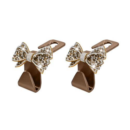 Bling Car Headreat Hook, 2PCS Crystal Rhinestone Cute Bow Vehicle Seat Back Hanger Storage for Purses Bags Grocery, Diamond Auto Rear Seat Organizer, Universal for SUV Truck Sedan (Gold) - style: Gold/2PCS