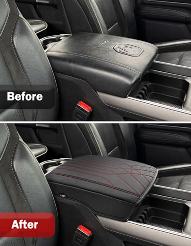 KBH Center Console Armrest Cover for 2019-2026 Dodge Ram 1500 2500 3500 5th Gen, Floor Console Bucket Seat, Arm Rest Cushion Pad Protector, Vinyl Leather, Black-Red Stitches - color: Black-Red Stitch