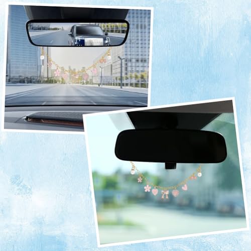 Rearview Mirror Hanging Ornament Pink Car Charm with Bow Heart Flower Pearl Aluminum Cute Feminine Aesthetic Rearview Mirror Hanging Accessories Car Decor Gift for Women - style: Heart