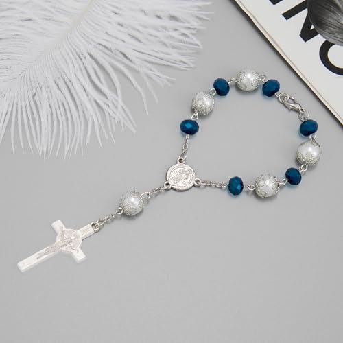 One Decade Car Rosary Navy Blue Glass Prayer Beads with St. Benedict Medal & Crucifix Spiritual Protection Rearview Mirror Accessory Catholic Gift for Travelers - color: Navy Blue