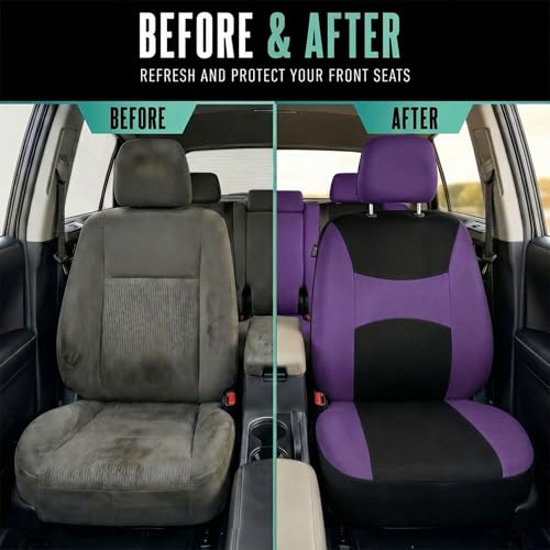 FH Group Full Set Car Seat Covers Cloth, Universal Fit combo, Set with Steering Wheel Cover and Seat Belt Pad fits Most Cars, SUVs, Trucks Purple - color: Purple