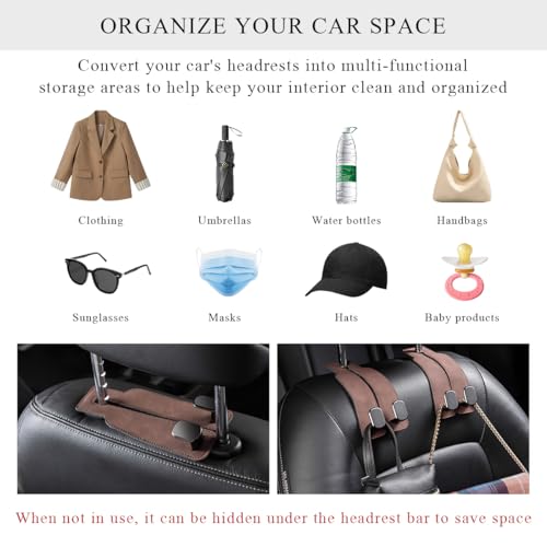 2 PCS Car Seat Headrest Hook, Back Seat Hanger with Double Flexible Leather Hooks, Soft Leather Double Headrest Metal Hooks Purse Handbag Organizer, Car Accessories (Black)