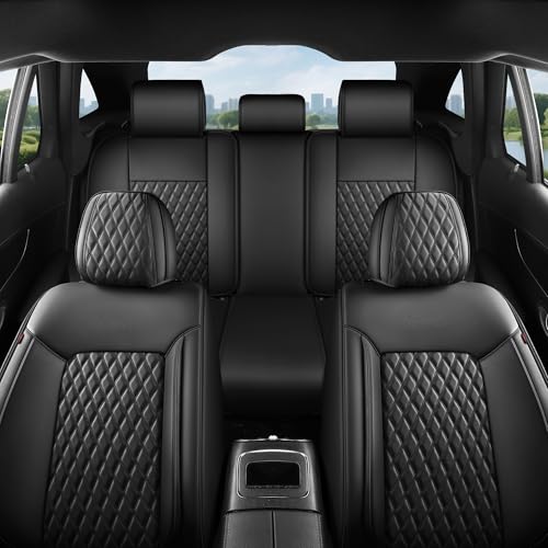 Car Seat Covers Full Set 5PCS,Contoured High-Density Nappa Leather Universal Precision Fit Automotive Seat Covers Full Set,Waterproof Car Seat Protector,forros para asientos de carro,Style1 Black