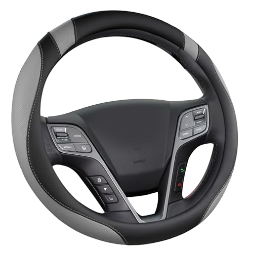 Customized Auto Car Steering Wheel Cover for Hyundai,Tucson,Sonata,Elantra,Santa Fe,Genesis,Sonata Hybrid,Azera,Venue,Kona, 14.5-15 inches(Black+Gray - Standard Size)