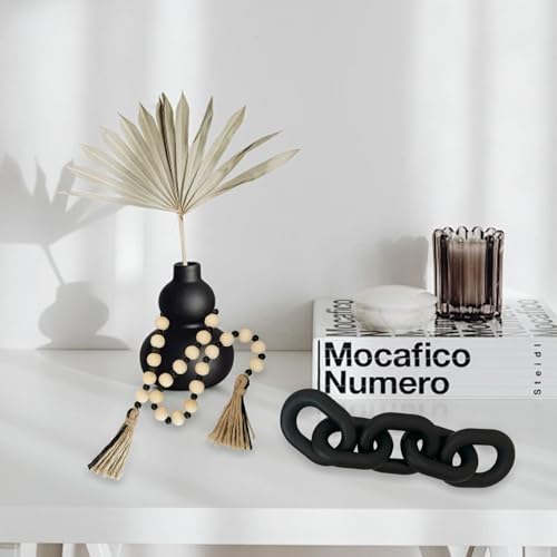 2 Pieces Decorative 5 Link Wooden Chain Decor and Bead Boho Farmhouse Rustic Home Table Decor Coffee Table Shelf Aesthetic Modern Bookshelf Table Wooden Decortion (Black)