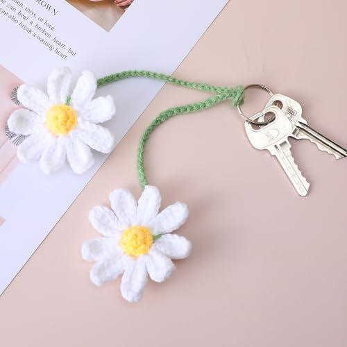Ymapinc Crochet Car Accessories, Cute Hanging Rear View Mirror Decor Daisy Flower Charm for Women Handmade Knitted BOHO Aesthetic Pendant(Cotton)