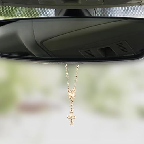 Gold Plated Beads Catholic Guadalupe Car Rearview Mirror Rosary Hanging Charm Chain for Women with Gift Box - color: Faceted Beads