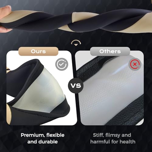 Coverado Car Steering Wheel Cover, Nappa Leather Black & Brown Steering Wheel Covers, Universal 14-15 inch, Anti-Slip, Breathable Steering Wheel Protector for Women Men - color: B-BlackBrown