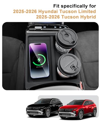 One-piece Molding Silicone Cup Holder Insert + Wireless Charger Area Mat for 2025-2026 Hyundai Tucson/Hybrid Accessories - Protective Mat Only Fit 2025-2026 Tucson with Electronic Shift