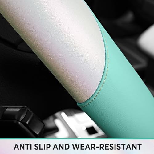 Road Comforts Steering Wheel Cover – Breathable Leather Steering Wheel Cover, Anti-Slip Grip, Universal Fit 14.5” to 15”, Heat & Cold Resistant for Cars, SUVs, and Trucks –Shining White & Mint - color: White&Mint