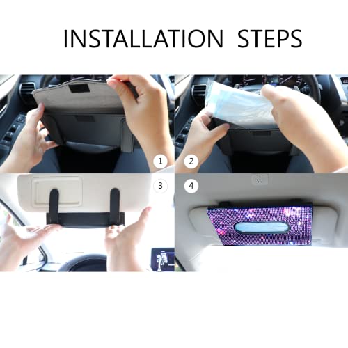 Car Visor Tissue Holder, Sparkling PU Leather Mask Box, Bling Crystals Cover Case & Glitter Mask Hook Clip for Women (Purple)