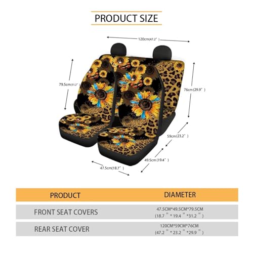 Leopard Sunflower Car Seat Covers Full Set for Front and Rear Cheetah Interior Accessories Auto Front Rear Seat Protective Set 4 Pack Leopard Print Automotive Seat - color: Sunflower Leopard Print