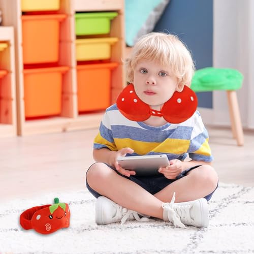 Kids Neck Pillow for Travel with Sleep Eye Mask, Cute Travel Neck Pillow, Memory Foam Flight Sleeping Headrest Pillow for Boys & Girls, Airplane, Train, Car, Home Use - Red Strawberry - color: Red Strawberry