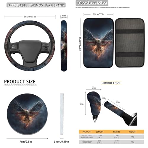 16 Piece Car Interior Cover, Eagle Printed Soft Stretch Front and Back Seat Covers for Cars, Steering Wheel Covers Arm Rest Pads Headrest Cover Seat Belt Pads Coaster Lipstick Holder Keychain - color: Blue and Yellow - Eagle
