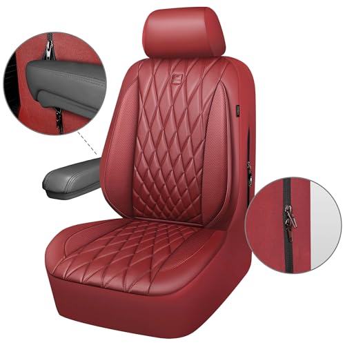 CAR PASS Piping Luxury Faux PU Leather Two Front Car Seat Covers, Waterproof Anti Slip Premium Automotive Seat Covers,Universal Fit for Suvs,Vans,Trucks, Armrest Airbag Compatible, Burgundy Red - color: All Red Burgundy, size: Two Front