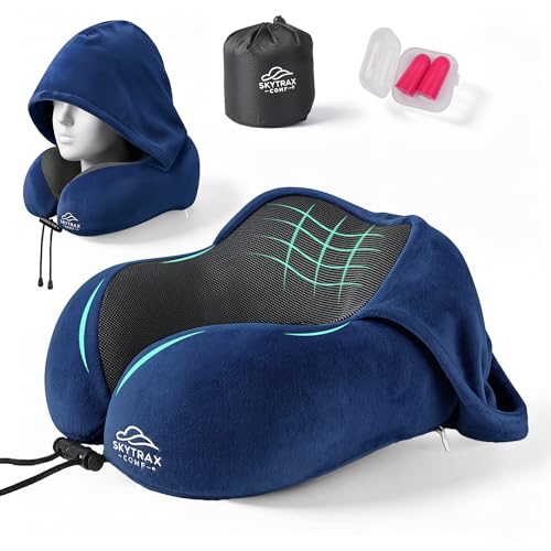 SkytraxComf® Travel Neck Pillow with Hood for Privacy on Long Flights | Memory Foam | Airplane Sleep | Safety-Tested Materials | Extra Large Hood | Chin Support | Earplugs | Washable Cover